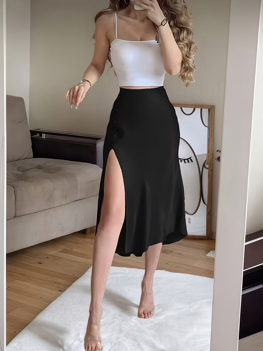 Spring/Summer New Satin Chiffon Multi-Button Women's Skirt - Black