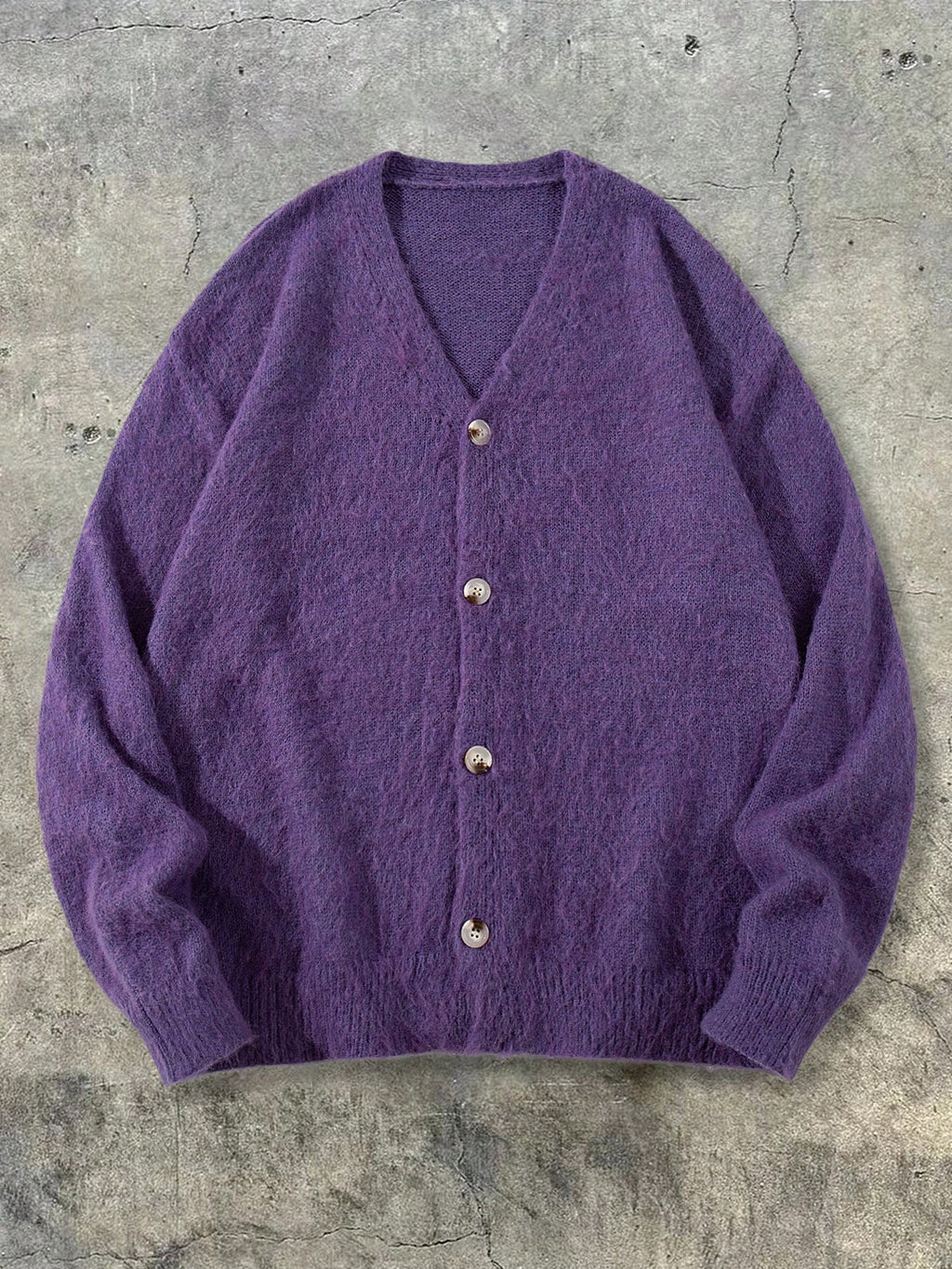 Autumn/Winter Unisex V-Neck Open Front Two-Way Wear Loose Lazy Button-Up Layering Basic Versatile Preppy Style Knit Top - Purple