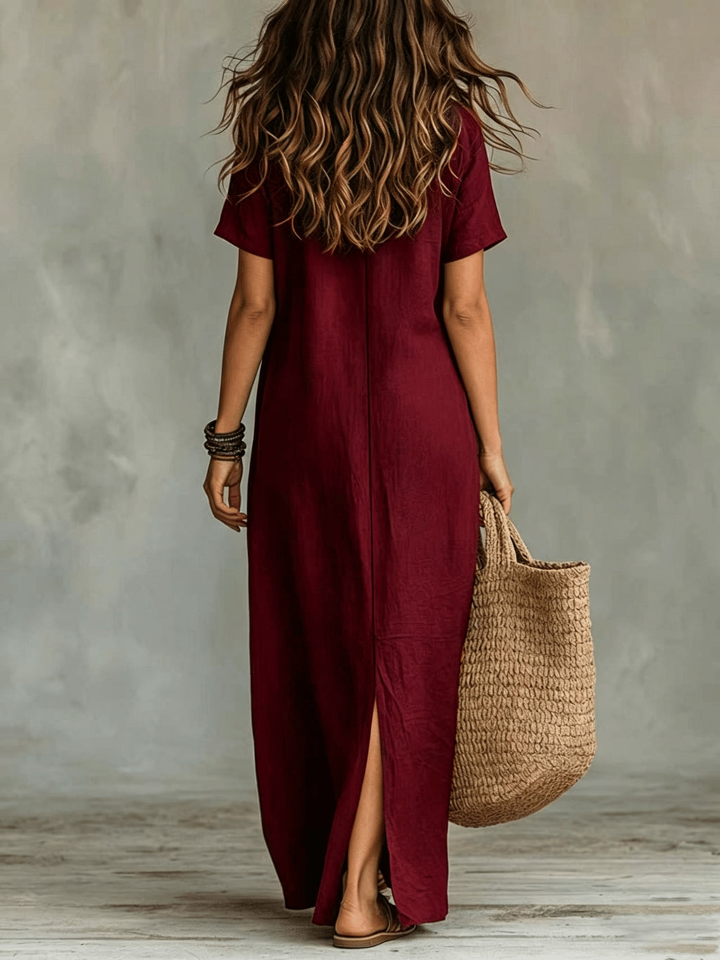 Women'S Casual Solid Color V-Neck Slit Lazy Style Shirt Dress Button Front Opening Bohemian Shirt Style Loose Long Dress - Burgundy