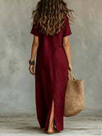Women'S Casual Solid Color V-Neck Slit Lazy Style Shirt Dress Button Front Opening Bohemian Shirt Style Loose Long Dress - Burgundy