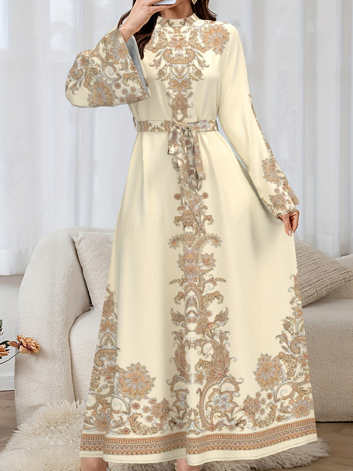 A Long-Sleeved, High-Collared Long Dress with Middle Eastern Print And a Belted Waist - Multicolor