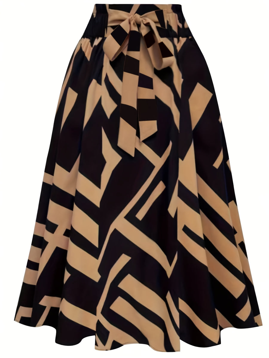 Hot Women's Trendy Fashion Color Block Casual Printed Waist-Tie Bow Elegant Versatile Commuter Style A-Line Skirt - Polychrome