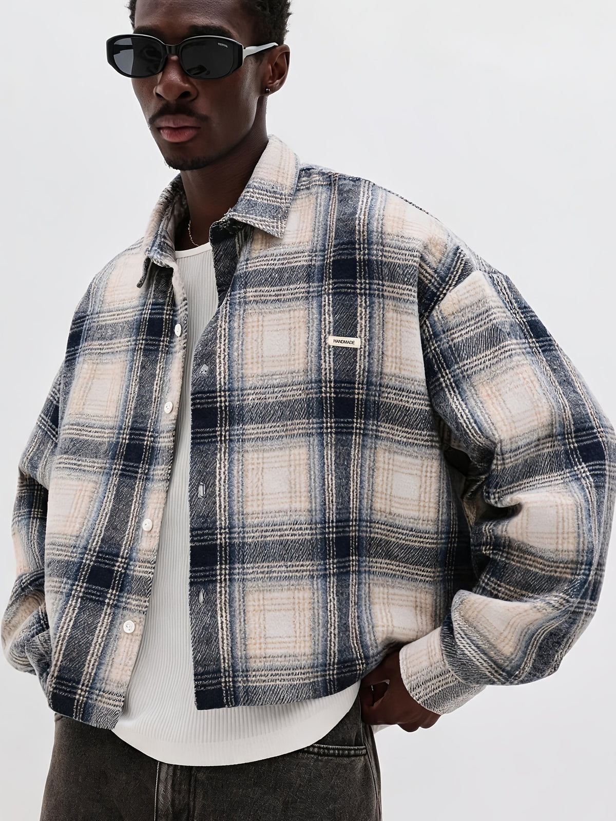 Men's Plaid Shirt with Letter and Punctuation Mark Embellishments, Trendy Streetwear Casual Versatile Autumn/Winter Short Shirt - Blue