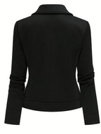 Women's New Solid Color Maze Grid Zipper Button Decorated Biker Jacket, a Stylish and Elegant Commuting, Outing, and Daily Wear Casual Jacket Top, Suitable for Autumn and Winter Seasons - Black