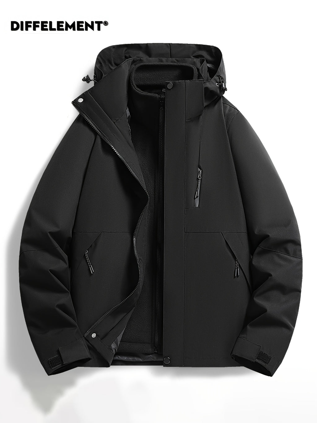 Men'S Solid Color 3-In-1 Detachable Windbreaker with Fleece Lining 2pcs Set, Wear-Resistant Woven Fabric, Zipper And Multi-Pockets, Hook-And-Loop Cuffs, Outdoor Hiking Commuting Fall Winter Windproof Warm Detachable Versatile Jacket - Black