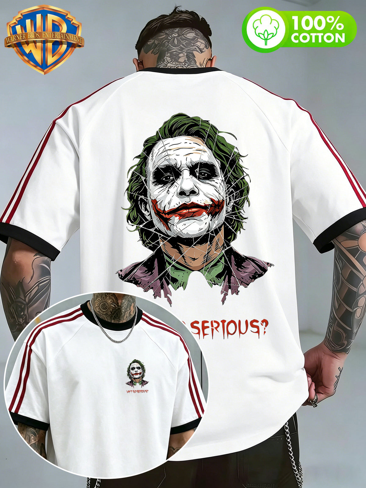 Warner Bros Official American Dark Style Drop-Shoulder Pure T-Shirt, Exquisite Hand-Painted Texture Green-Haired Joker Street Vibe Loose Fit Top, Double-Sided Front and Back Print, Men's 100% Pure Versatile Sporty Casual Style Summer Short-Sleeve - White