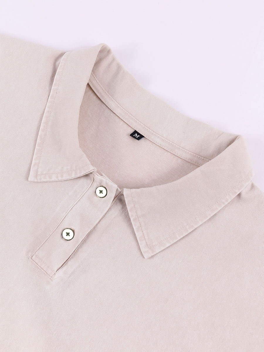 BLACK Print Men'S 100% Washed Solid Color Lapel Shirt Short Sleeve T-Shirt - Retro Distressed Design, Lightweight And Breathable Fabric, Streetwear Trendy Loose Top, Suitable for Casual Wear And Layering - Apricot