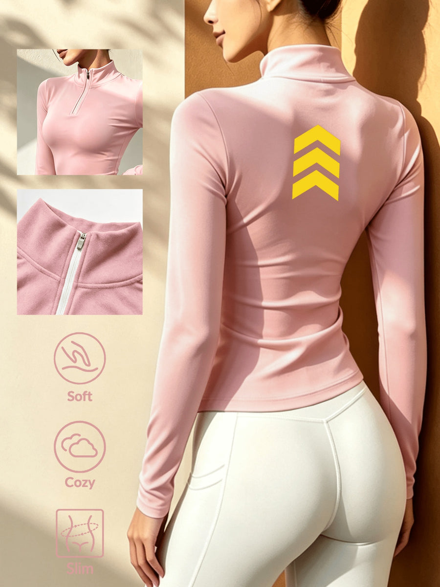 Autumn Winter Women'S Solid Color Semi-High Neck Long Sleeve Base Layer, Half-Zip Tight Top, Outdoor Warm Layering Top - pink