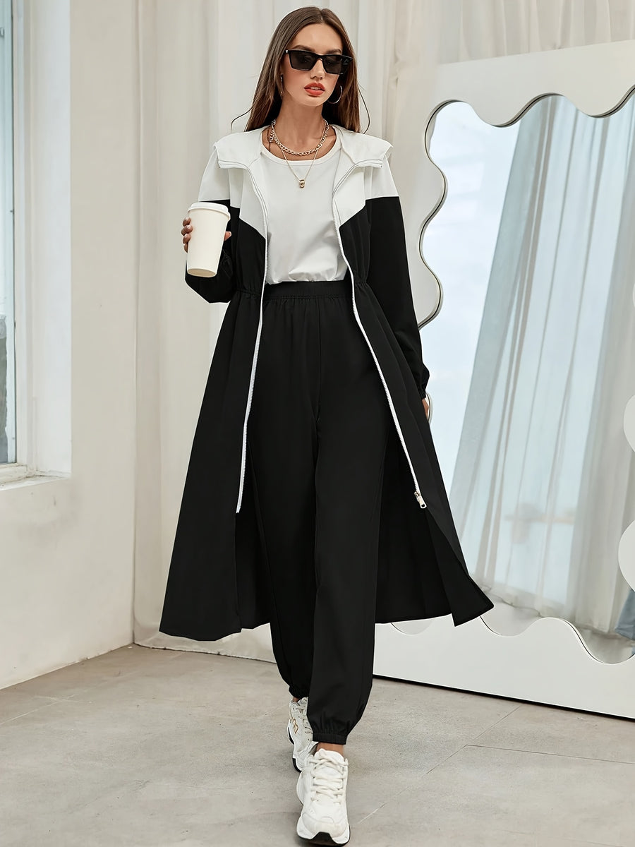 WY260622044 Autumn Women'S Color-Block Hooded Jacket And Pants Set 2pcs Set - Black