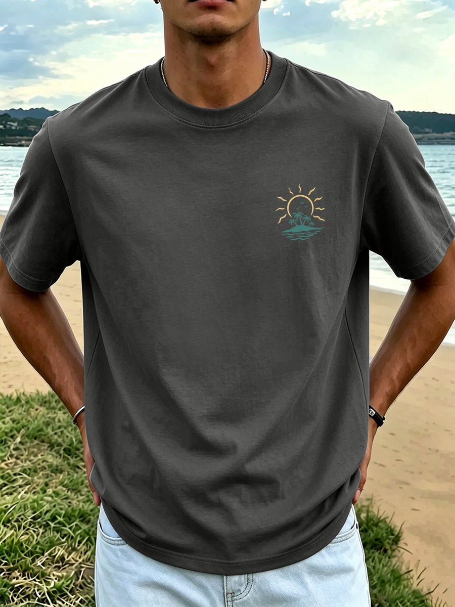 Men'S New Pure Short Sleeve Round Neck T-Shirt Palm Tree Tropical Coast Sunset Print Comfortable Soft Breathable Suitable for Casual Summer Essential - Dark Gray