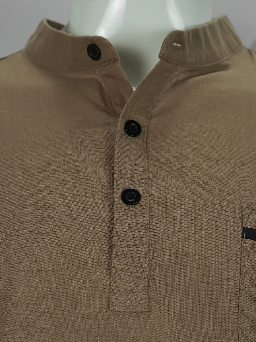 Men's Casual Solid Color 100% Cotton Short Sleeve Summer Button-Up Shirt, Round Neck Breathable Sweat-Absorbent Pure Cotton Pocket Print 100g Lightweight Shirt - Khaki