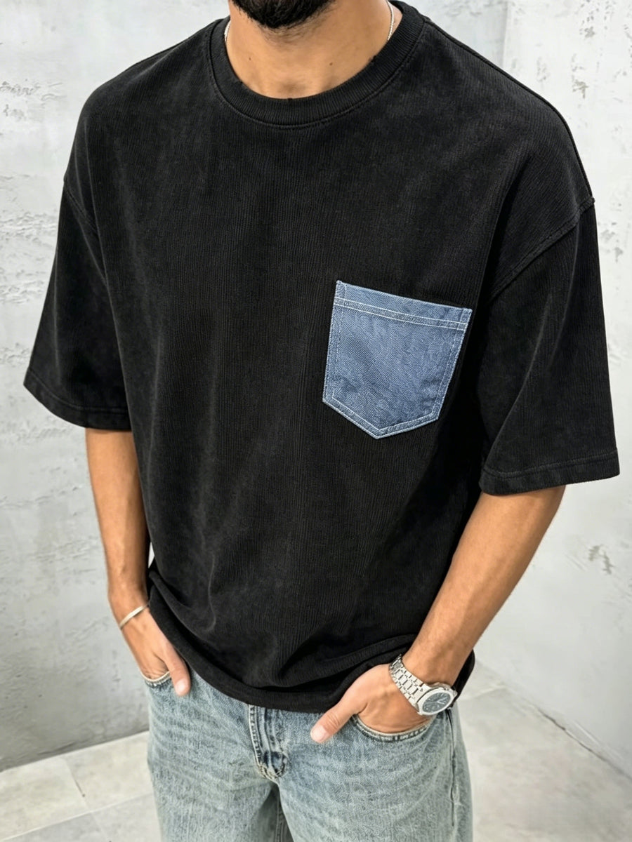 [Shule Water OBM] Summer Men'S Blue Faux Denim Pocket Round Neck Casual T-Shirt - Father'S Day Gift - Black