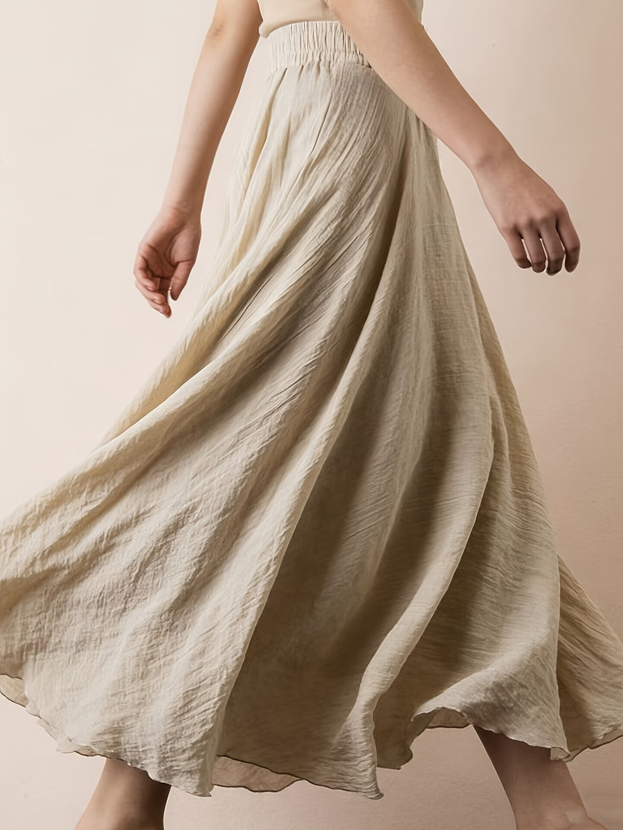 Solid Color Ethnic Style Literary Double-Layer Non-See-Through Midi Skirt for Women, Spring Summer Autumn Zen Style Long Dress with Wide Hem, High Waist Flowy - Apricot