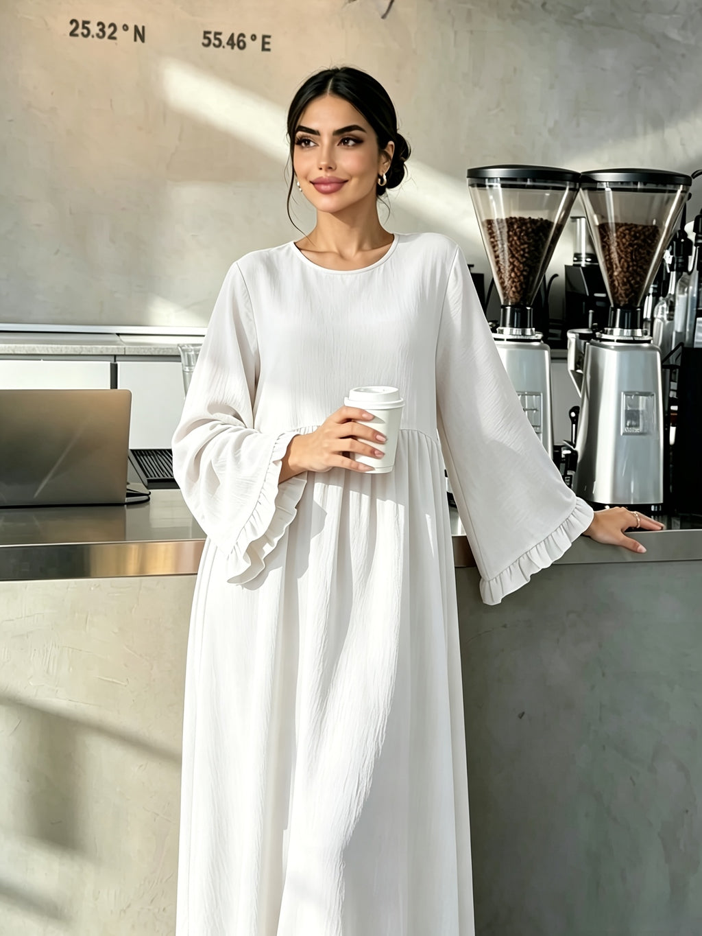 Round Neck Long Dress with Ruffled Flared Wide Sleeves, Soft Lightweight Breathable Fabric Loose Swing Style Dress for Women Daily Home And Outdoor Casual Matching - White