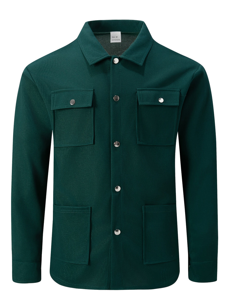 Mens Textured Waffle Shacket Collar Button Front Multi Pocket Long Sleeve Outerwear Top - Military Green