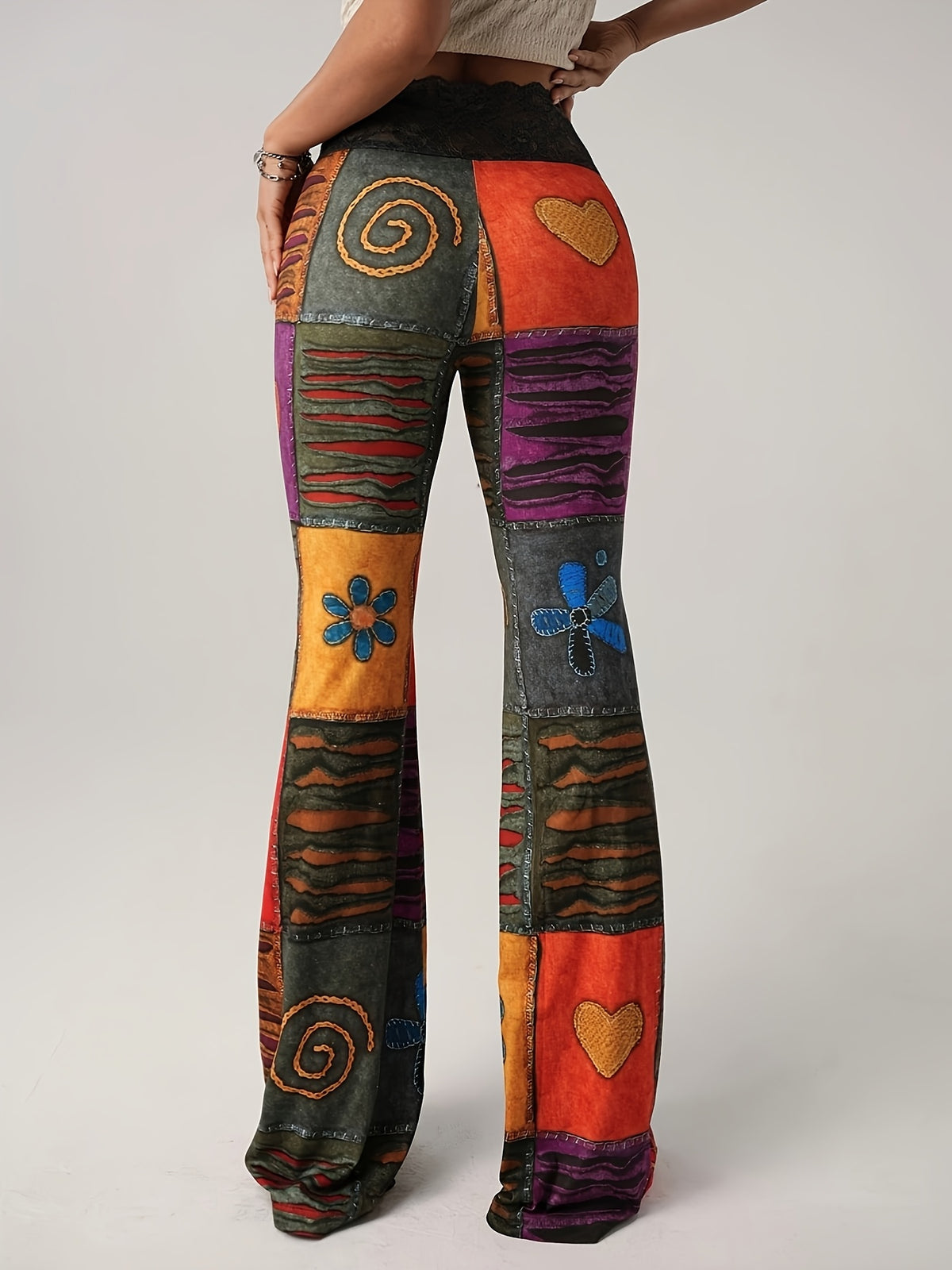 Sexy Lace Patchwork Flared Pants/Bohemian Color-Block Print/ - Mixed colors