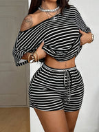 Standard Size Women's All-Season Pajamas, Casual Striped Print Fashion Off-Shoulder Outerwear Homewear Set - Black