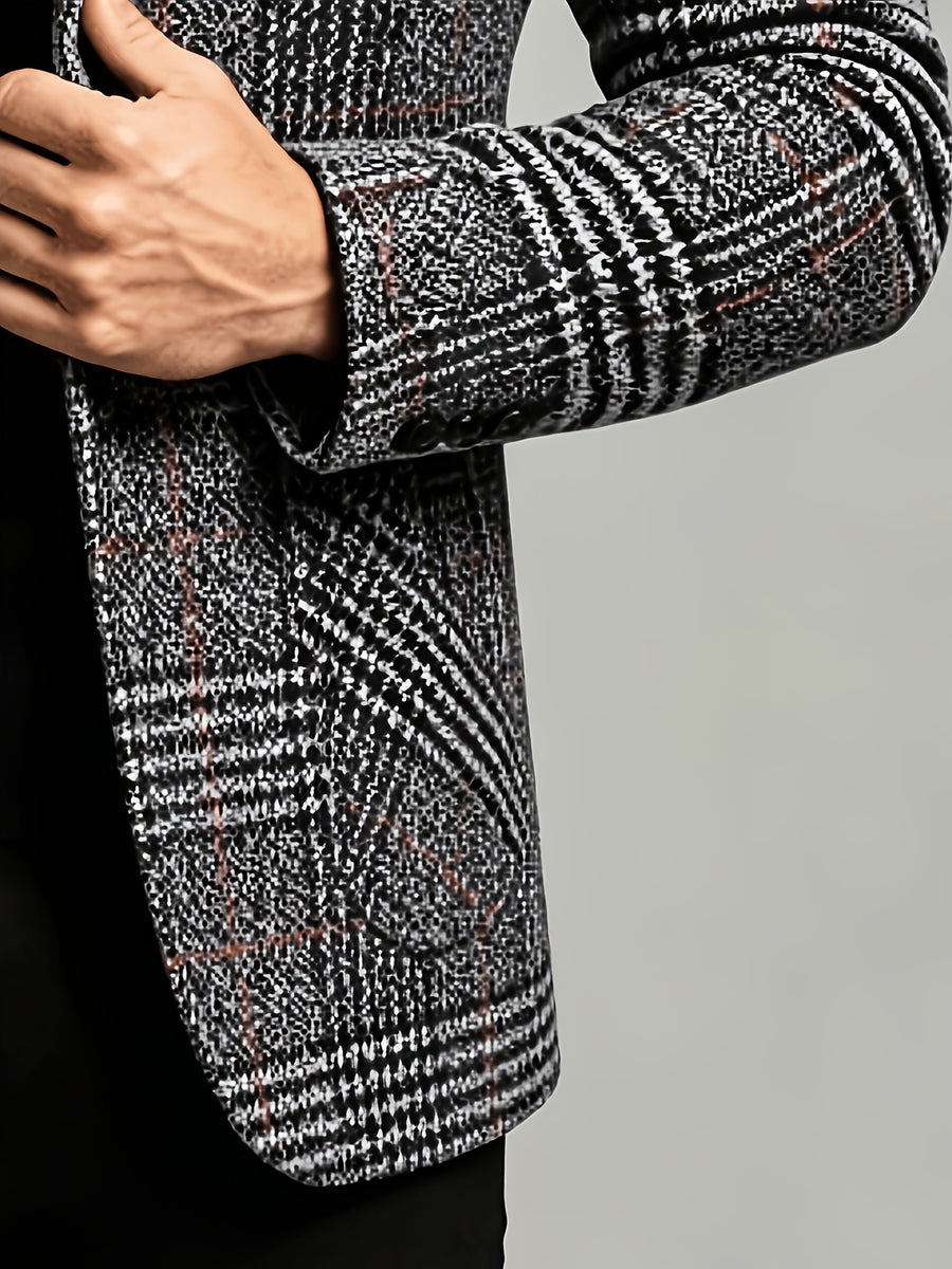 British Retro Check Men'S Overcoat Suit Lapel Single-Breasted Slim Fit Jacket Autumn Winter Casual Men'S Wear Polyester 90.7 Other 9.3 PP - Grey