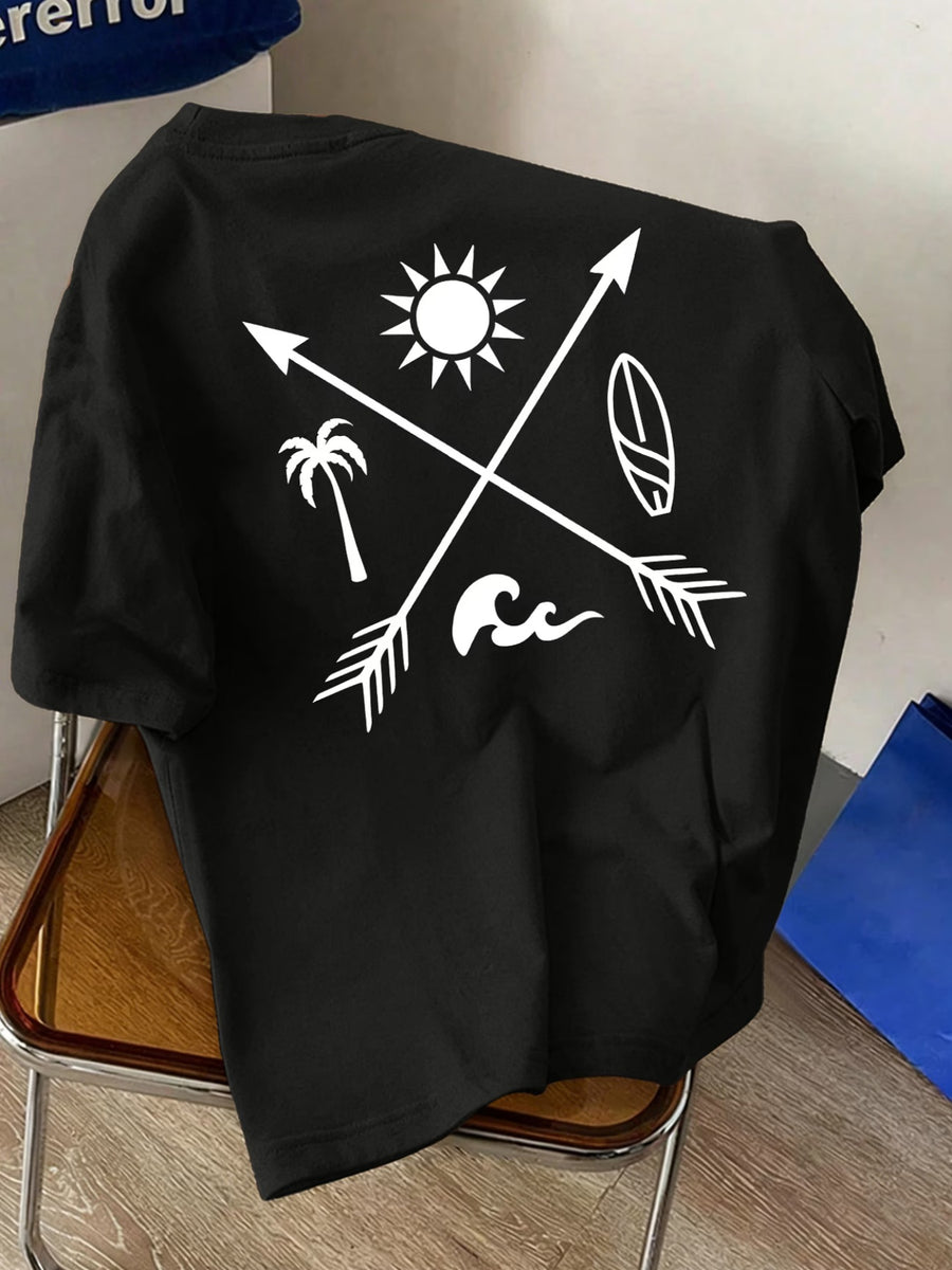 Men'S New Round Neck Short Sleeve T-Shirt Summer Sunshine Surfboard Print Suitable for Vacation Daily Casual Comfortable Soft Breathable Summer Essential - Black