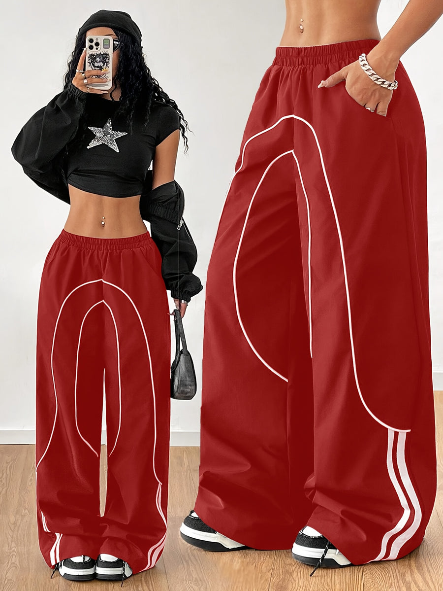 Women's Fashion Y2K Streetwear Wide-Leg Pants with Side Tie Design, Hip-Hop Joggers, Elastic Waist Wide-Leg Pants, Casual Swear, Harem Pants - Red