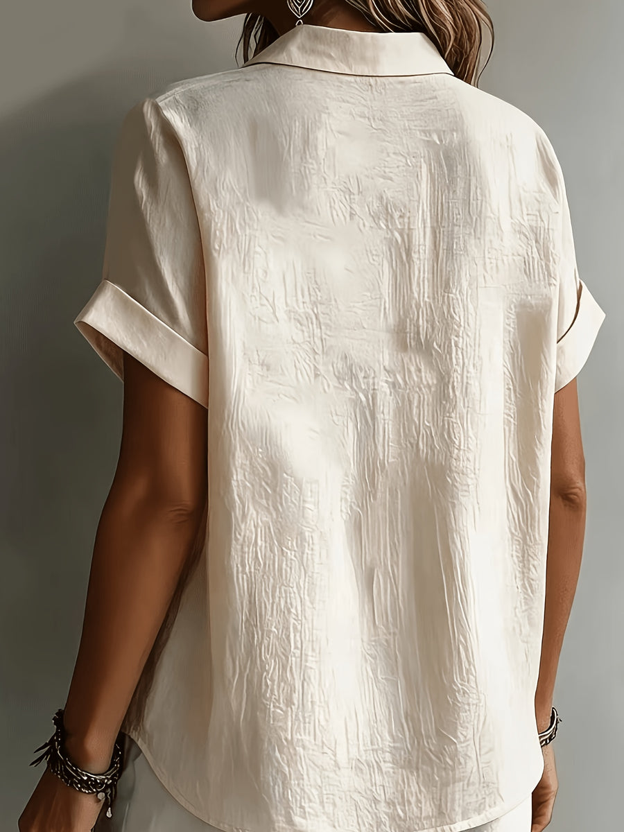 Women's Elegant Vacation-style Short-sleeve Top, Loose and Relaxed Shirt, Commuting Casual Literary Style, Figure-flattering, Daily Temperament Style, Loose and Draping, Breathable and Comfortable - Off-white