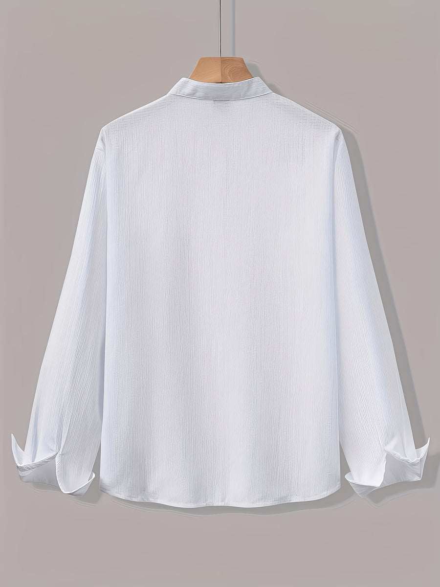 [Know And Give OBM] Men'S Long Sleeve Button-Casual Beach Shirt - Spring Summer Autumn, Commute Style, Light Mature Casual, All-Match Top, Beach Wear, Stand Collar Shirt with Relaxed Fit, Men'S Solid Color, Comfortable Top - White