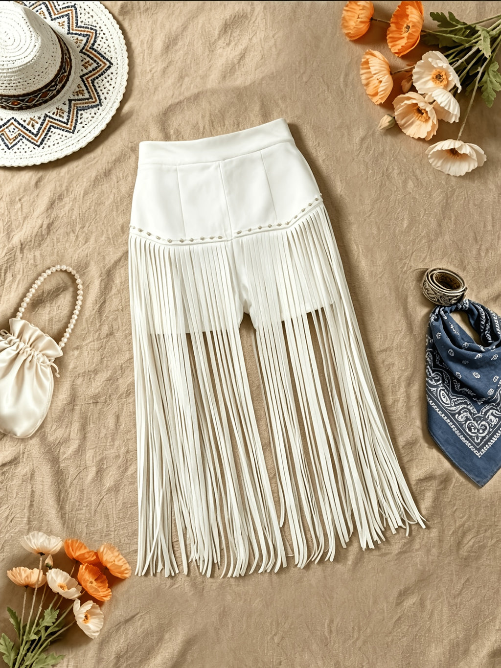 Tassel Shorts with a Western Style, Zipped, Solid Color Shorts - White
