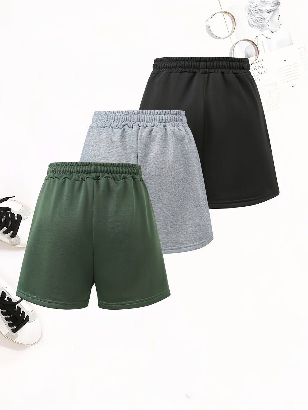 3pcs Women'S Casual Jogger Shorts - Floral Butterfly Print, Drawstring Loose Fit Summer Elegant Sports Shorts, Machine Washable - Black＋Gray＋Green