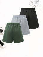 3pcs Women'S Casual Jogger Shorts - Floral Butterfly Print, Drawstring Loose Fit Summer Elegant Sports Shorts, Machine Washable - Black＋Gray＋Green