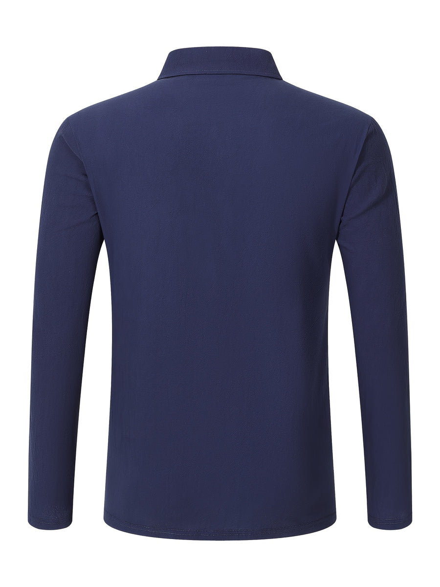 Autumn Men's Polo Shirt, Half-Button Henry Collar Long Sleeve Top with Simple Chest Pocket, Suitable for Business, Office, and Daily Wear - Navy Color