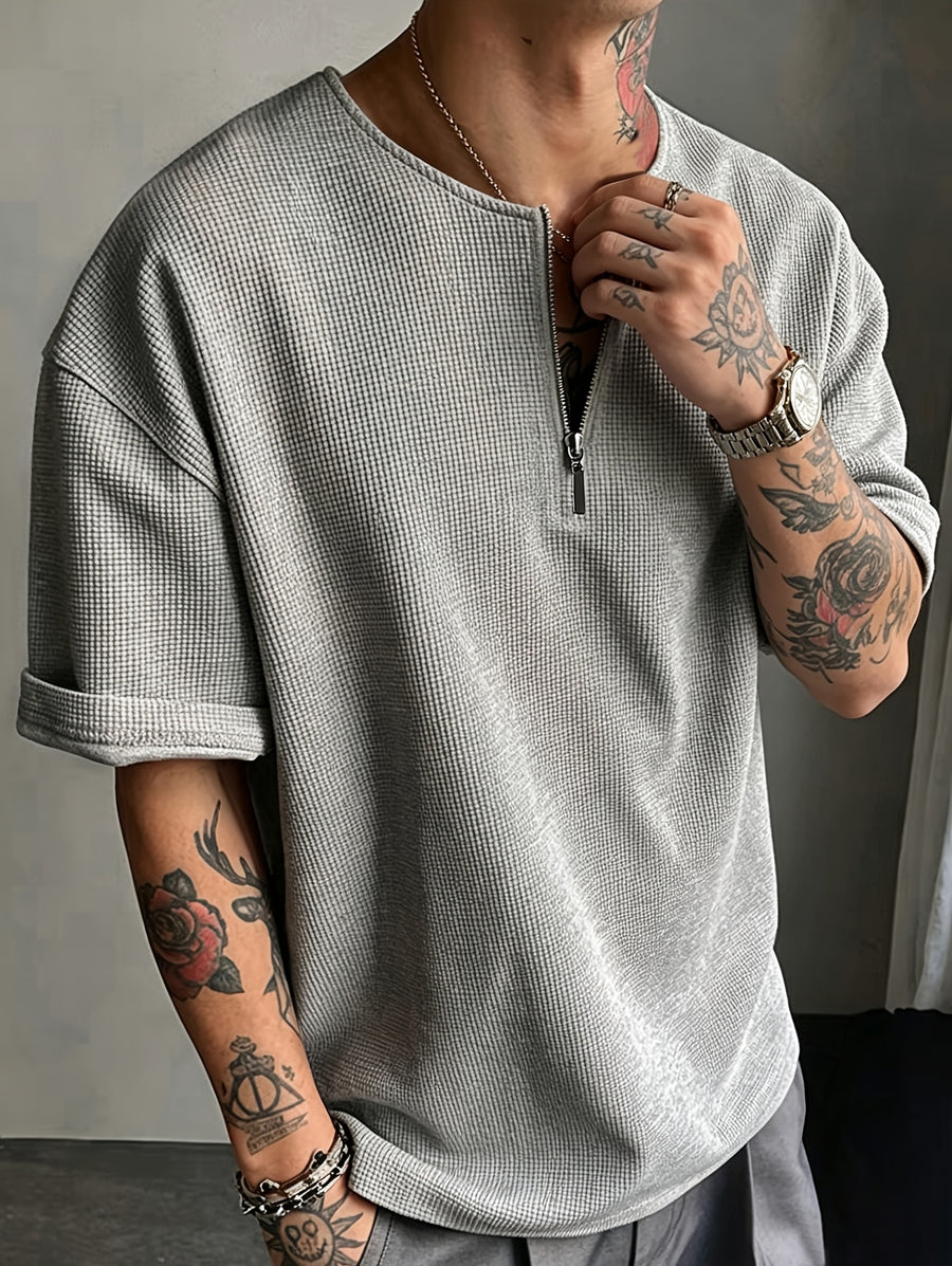Men'S Athletic Top Waffle Half-Zip Men'S T-Shirt Short Sleeve Summer Trendy Men'S Clothing Summer American Style Short Sleeve All-Match - Grey