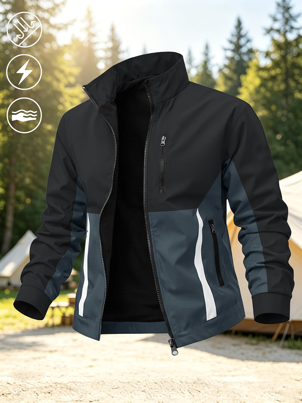 Men's New Trendy Versatile Outdoor Sports Mountain Climbing Comfortable Casual Fashionable Loose High Street Long Sleeve Color Block College Jacket - Black