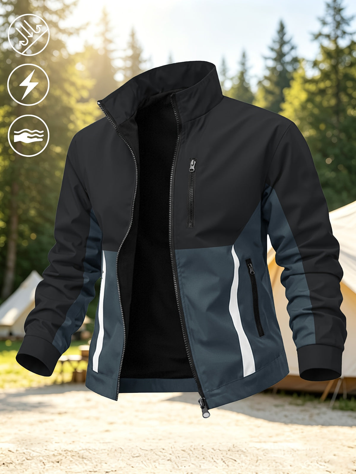 Men's New Trendy Versatile Outdoor Sports Mountain Climbing Comfortable Casual Fashionable Loose High Street Long Sleeve Color Block College Jacket - Black