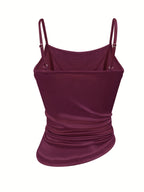 [Development WY260120078] Women's Satin Irregular Hem Side Gathers Daily Fashion Commuting Vacation Camisole Top - Burgundy