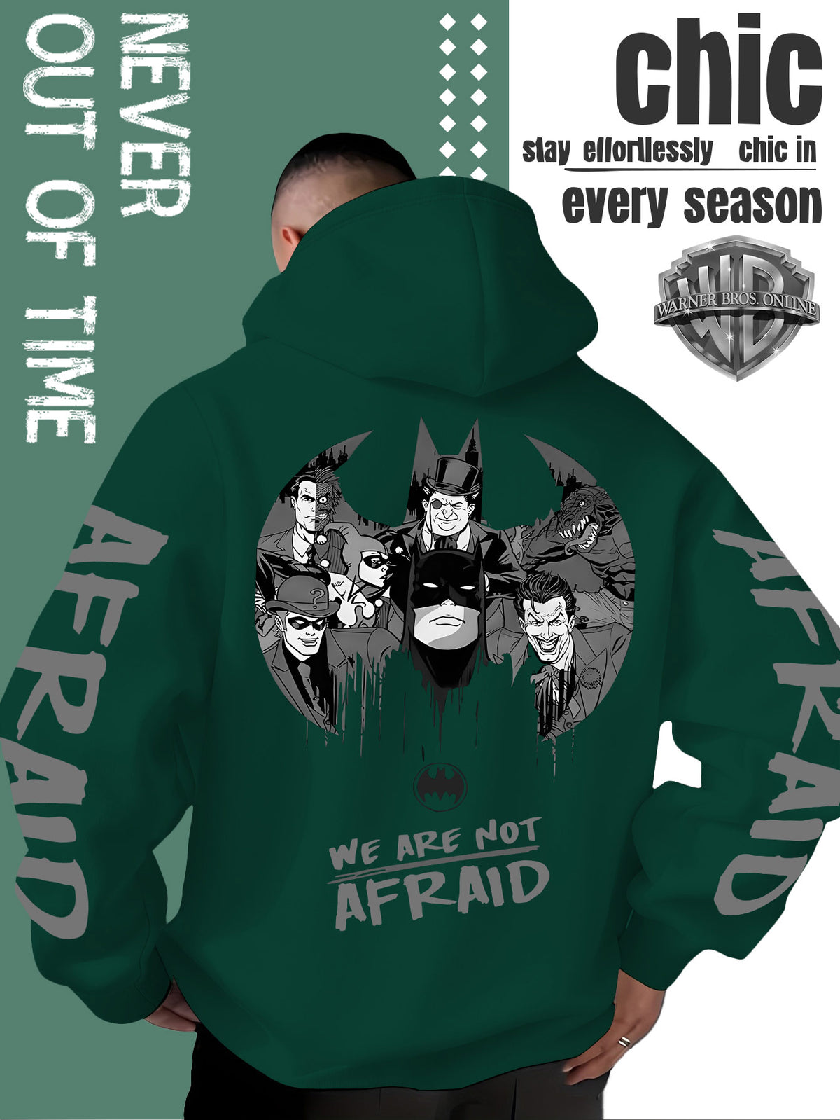 Men'S Hooded Sweatshirt Superhero Villain Group Black And White Comic Print, Batman Good And Evil Characters Gathered Design, Themed English Slogans And Rich Visuals, Dual Sleeves with Eye-Catching Graffiti Art Font - Green