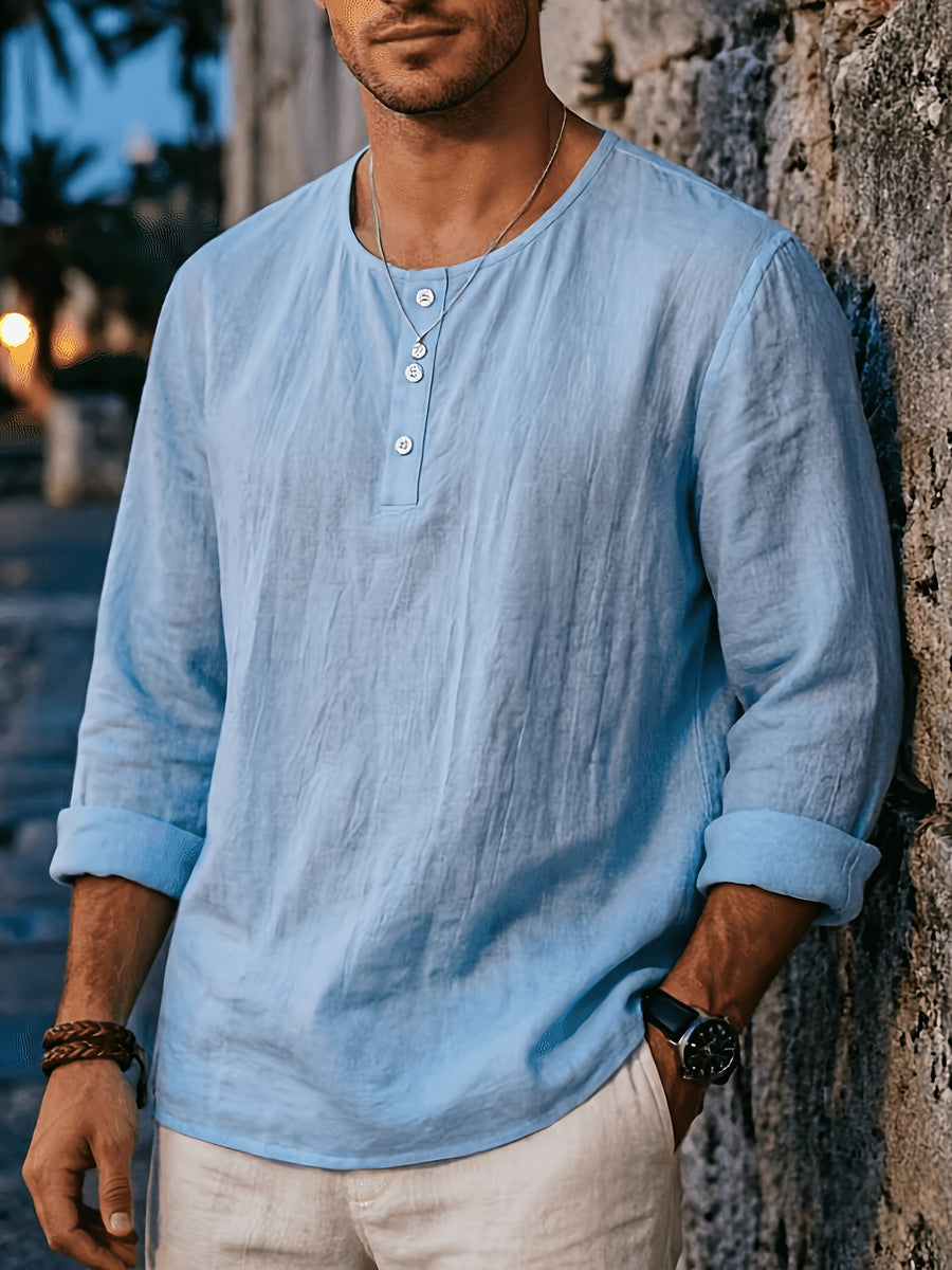 Men's Summer Linen Long Sleeve Shirt, Breathable Round Neck, Loose Fit. Suitable for Daily Casual, Beach Vacation or Yoga Sports, Also a Great Valentine's Day Gift for Him. - Sky Blue