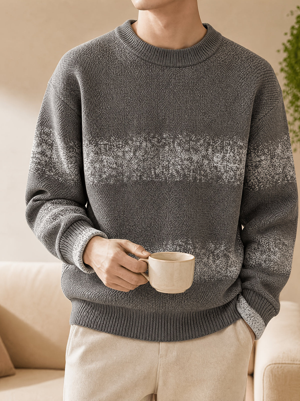 1pc Du Jing Lan OBM Men's Knit Sweater - Old Money Style Color Striped Crew Neck Sweater Suitable for Layering, Business Casual & Outdoor Wear, Warm Winter Pullover for Golf, Basketball, Running, Daily Layering (Regular Fit) - Dark Gray