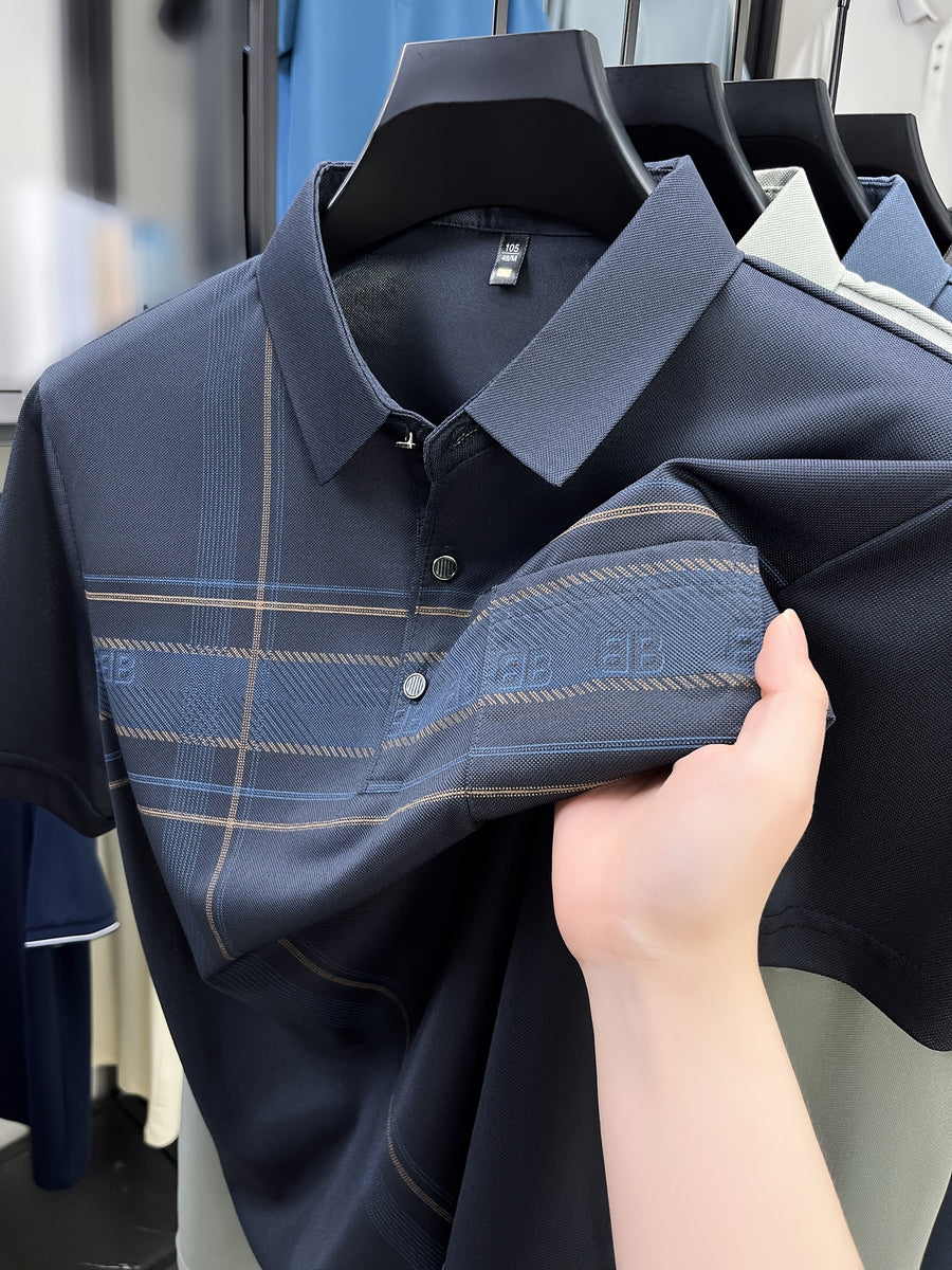 New Spring/Summer Men's Polo Shirt, Striped Contrast Color Half-Placket Single-Breasted Lapel Short-Sleeve T-Shirt, Men's Business Casual Fashionable Breathable Versatile Pullover Base Layer Top with Chest Pocket, Suitable for Spring and Summer - Navy Color