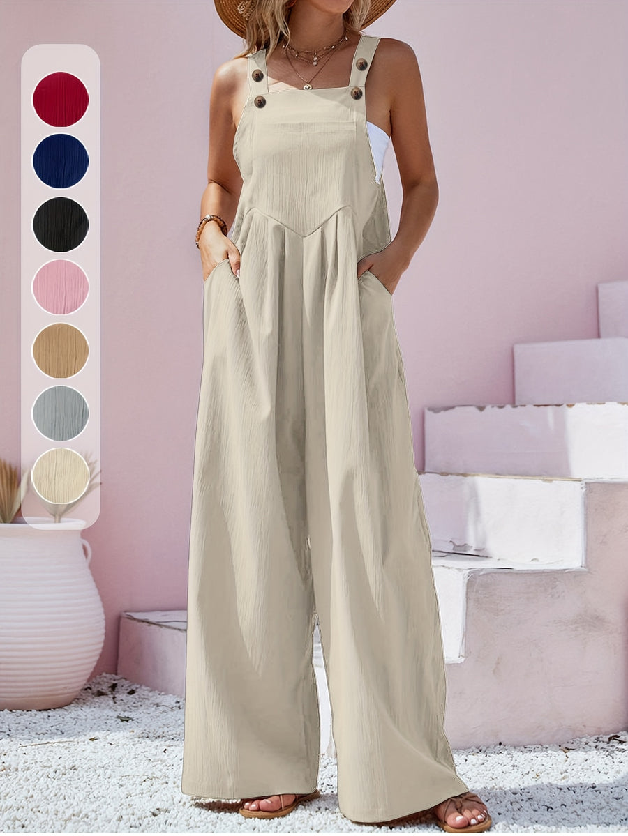 Plus Size - Spring Summer Women'S Plus Size Solid Color Button Bib Jumpsuit - Comfortable Casual Homewear (Front Length with Straps, Measure After Fastening Last Button) - Apricot
