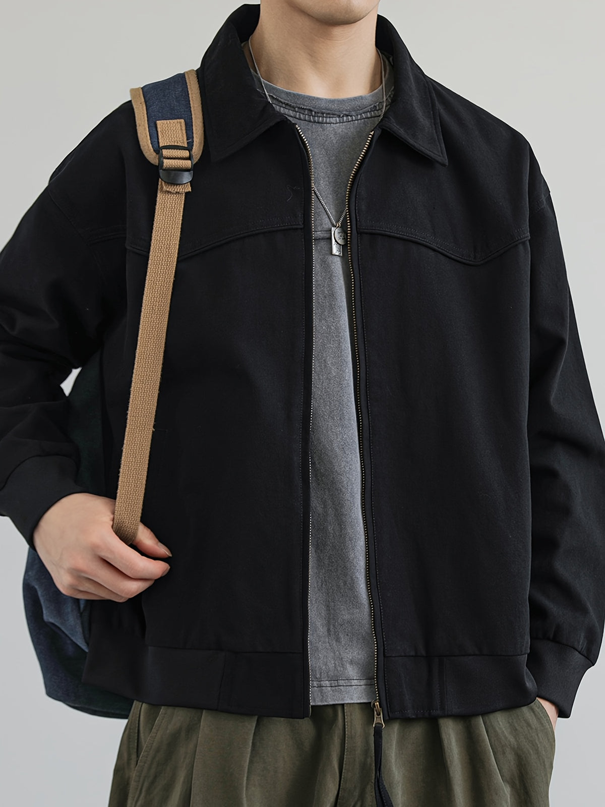 Jingmeleng Selection Men's New Outdoor Workwear Vintage Lapel Jacket - Contrast-Color Corduroy Collar - Solid Color Fabric with Drawstring - Metal Vintage YKK Zipper - Hem and Cuff Ribbed Design - Loose Fit Fashionable Trendy Casual Outerwear - Black