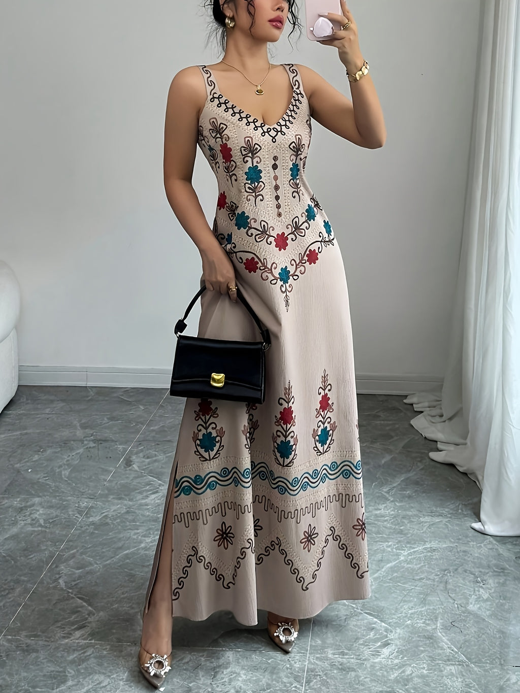 Women's Elegant Deep V-Neck Spaghetti Strap A-Line Dress with Slit Hem & Cinched Waist - Tailored Long Length Wedding Guest Dress, Bridesmaid Dress Suitable for Commuting,, Parties - Khaki
