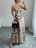 Women's Elegant Deep V-Neck Spaghetti Strap A-Line Dress with Slit Hem & Cinched Waist - Tailored Long Length Wedding Guest Dress, Bridesmaid Dress Suitable for Commuting,, Parties - Khaki