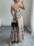 Women's Elegant Deep V-Neck Spaghetti Strap A-Line Dress with Slit Hem & Cinched Waist - Tailored Long Length Wedding Guest Dress, Bridesmaid Dress Suitable for Commuting,, Parties - Khaki