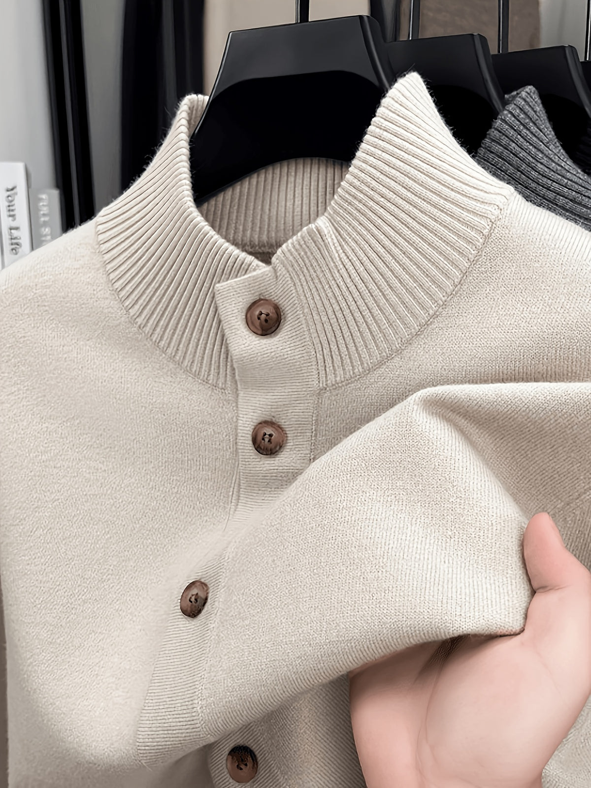 Men'S Solid Color Stand Collar Button-Up Sweater, Long Sleeve Fitted Knit Jacket, Soft Warm Blended Velvet Sweater Coat, Business Casual Daily Commute Fall Winter Outerwear, Classic Solid Color Men'S Knit Top - Yami Apricot