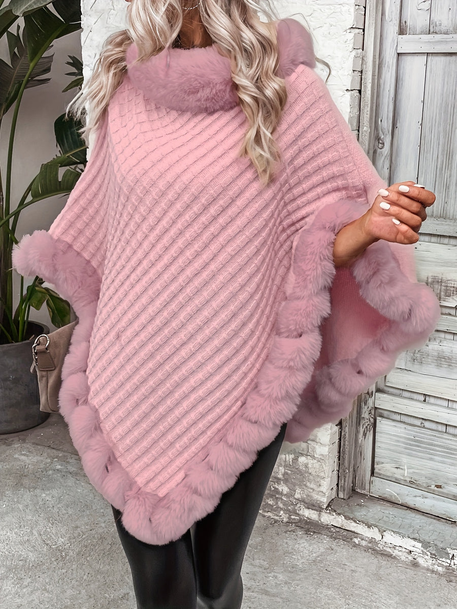 Women'S Elegant Faux Fur Collar Cape Coat - Soft Winter Coat with Plush Fur Trim, All-Season Chic Outerwear for Everyday & Formal Events - Pink Color