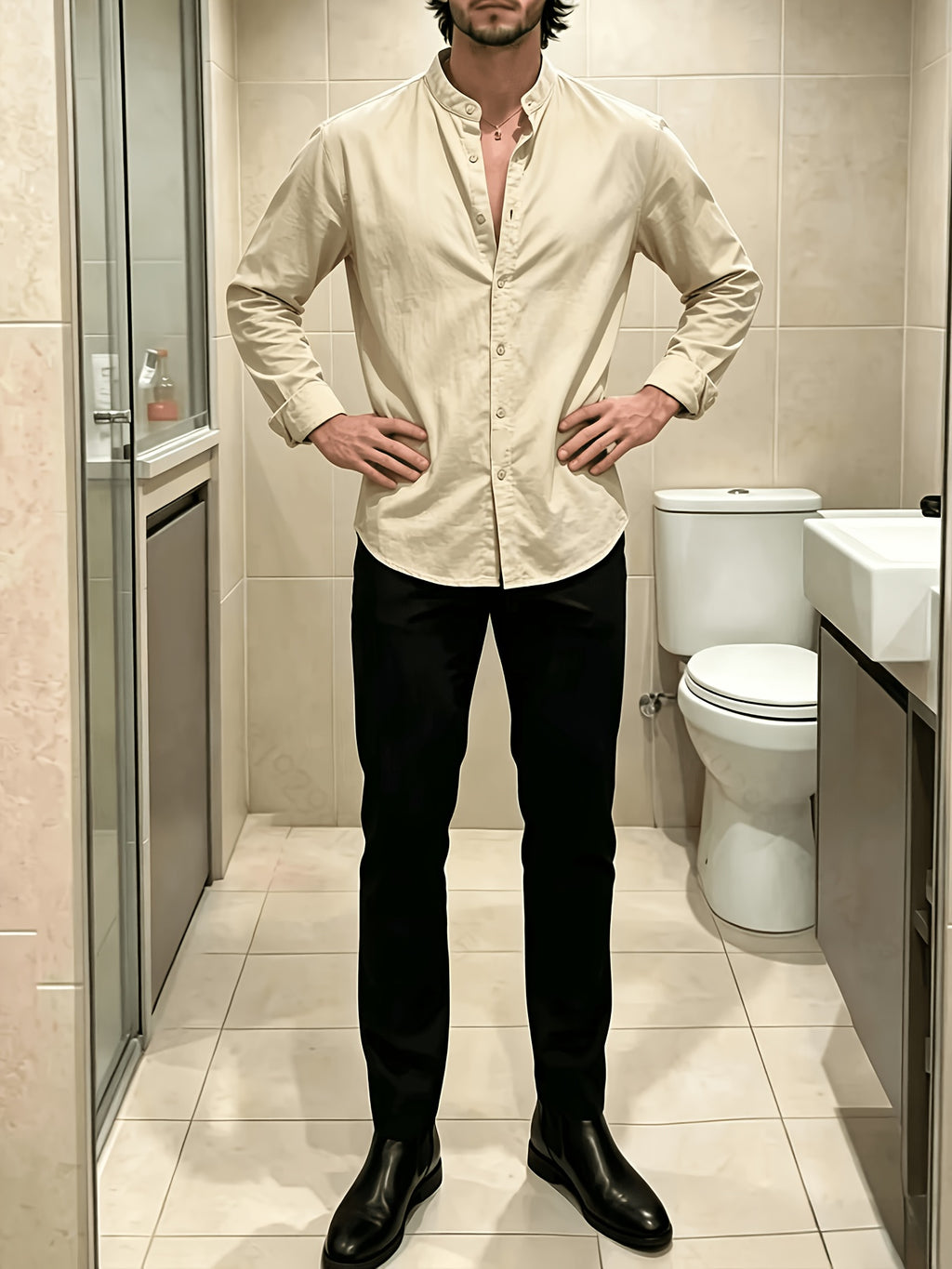 New Men'S Street Style Stand Collar Long Sleeve Shirts, Loose Fit Casual Blouse, Breathable Versatile Outer Tops for Men Fall Daily Street Going Out Wear - Khaki