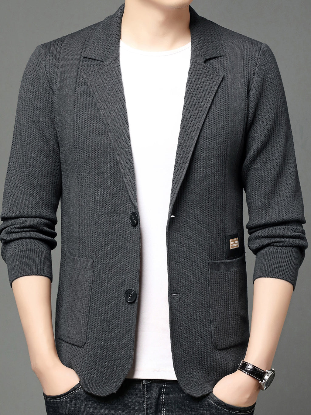 1 Men's Knitted Suit Lapel Jacket, Suitable for Light Business Wear and Daily Work, Ideal as a Gift - Grey