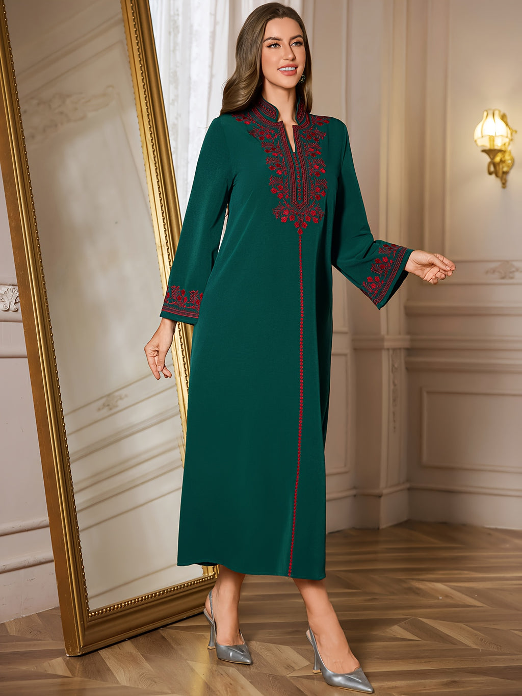 Middle Eastern Special Al Najma Women'S Floral Embroidered V-Neck Abaya Long Robe with Long Sleeves, Elegant Kaftan Style Turkish Gown for Women - Dark Green