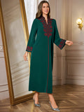 Middle Eastern Special Al Najma Women'S Floral Embroidered V-Neck Abaya Long Robe with Long Sleeves, Elegant Kaftan Style Turkish Gown for Women - Dark Green