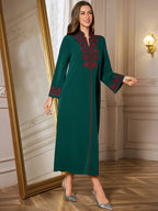 Middle Eastern Special Al Najma Women'S Floral Embroidered V-Neck Abaya Long Robe with Long Sleeves, Elegant Kaftan Style Turkish Gown for Women - Dark Green